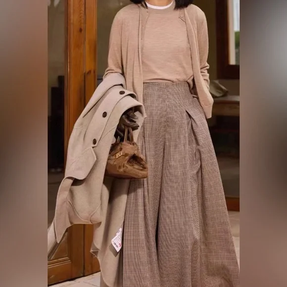 High Waist Plaid Wide Leg Pants Size M Brown Beige Vintage style